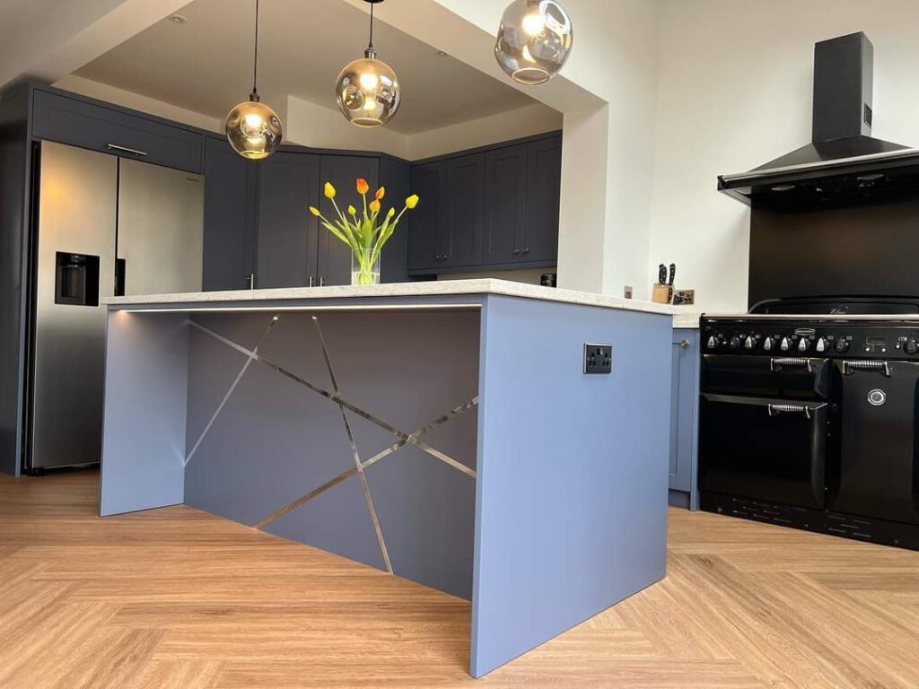 kitchen island with metal inset