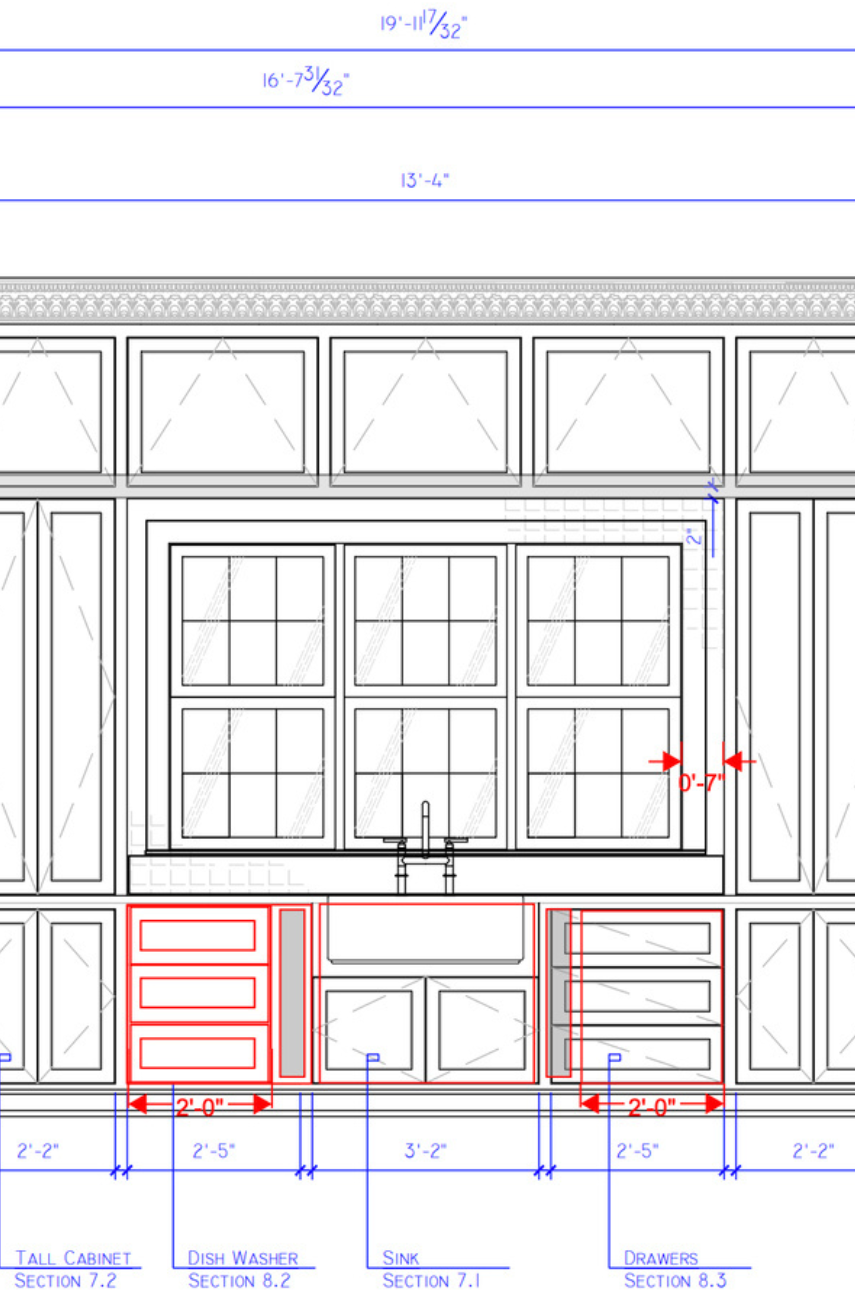 CAD kitchen elevation drawing with dimensions showing cabinets, window and apron sink